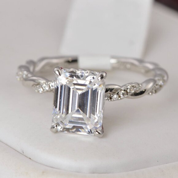 Certified Moissanite 3ct Emerald Cut Egagement Ring 925 Sterling Silver - Picture 2 of 7